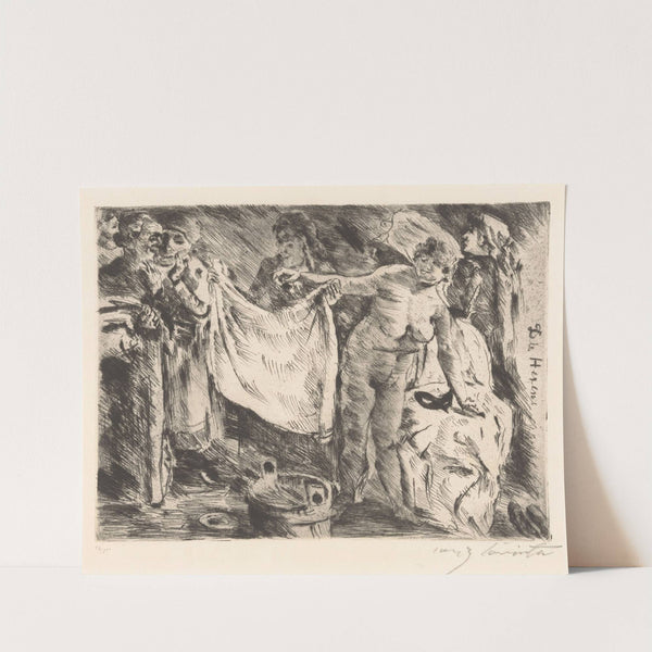 Groep vrouwen, waarvan één naakt en een ander een doek omhooghoudend by Lovis Corinth