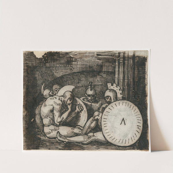 Groep zittende krijgers met klassieke wapenrusting by David Humbert de Superville