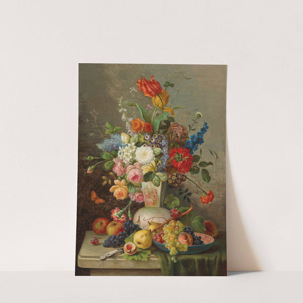 Großes Blumenstück mit Obst auf Steinplatte by Franz Hohenberger
