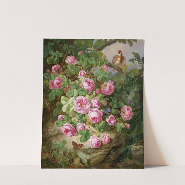 Großes Rosenstillleben mit Schmetterlingen und Vogel by Josef Lauer