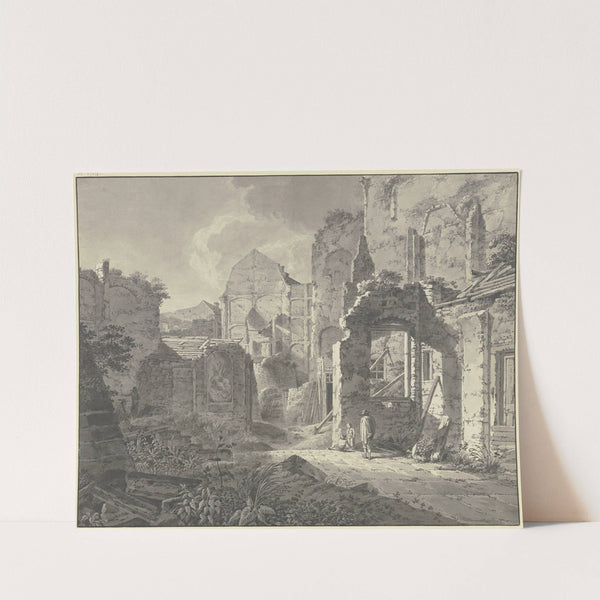 Großes verfallenes Gebäude, rechts ein Mann mit zwei Kindern, links ein Maler by Johann Heinrich Troll
