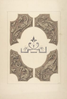 Grotesque designs featuring griffin, birds, and dolphins
