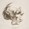 Grotesque Head With a Large Ear and an Open Mouth Looking to the Right Within a Circle