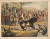 Group of men representing different countries of the world, dressed in costumes, stand watching bock goat butt his opponent (1878)