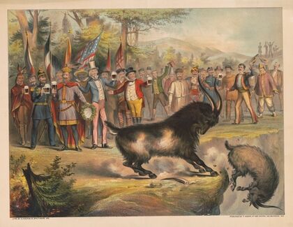 Group of men representing different countries of the world, dressed in costumes, stand watching bock goat butt his opponent (1878)