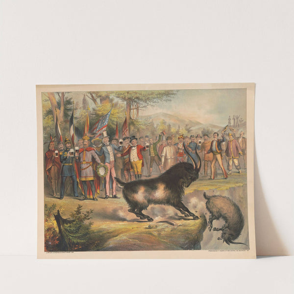 Group of men representing different countries of the world, dressed in costumes, stand watching bock goat butt his opponent (1878) by A. Hoen & Co.