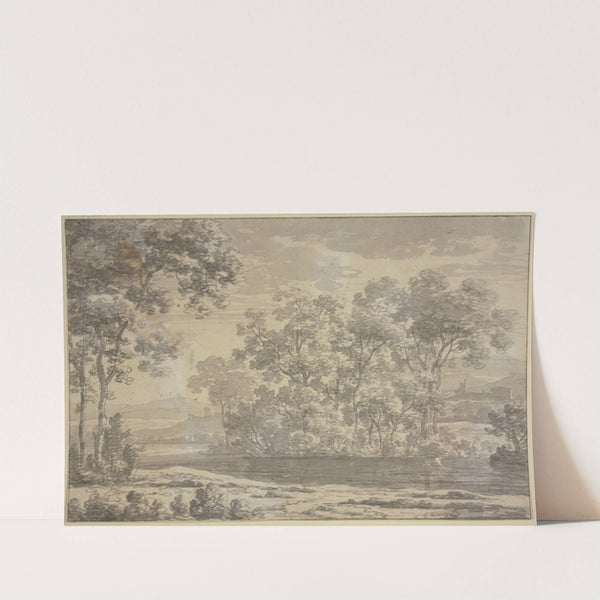 Group of trees near a water, with buildings in the middle ground and a mountain range in the background by Joris van der Haagen