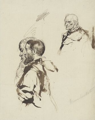 Group of two figures and an old man’s head