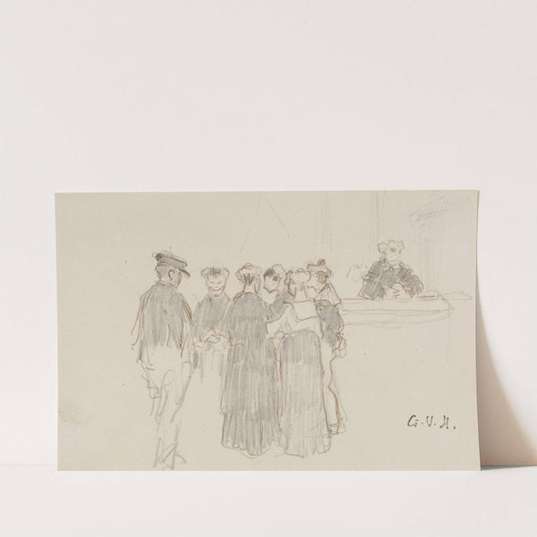 Groupe de six personnes et une personne derrière un comptoir by Georges Hugo