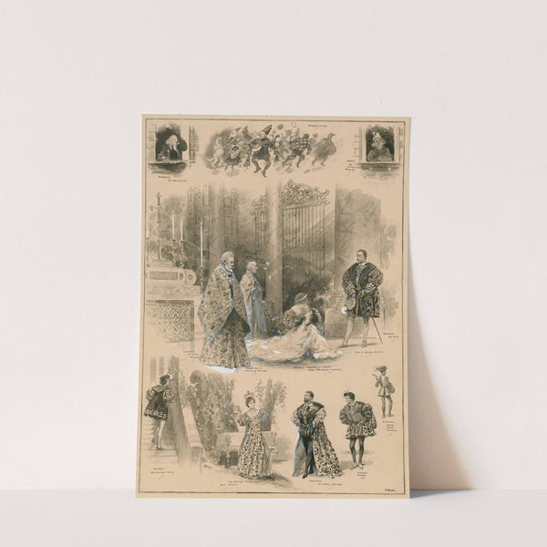 Grouped vignettes depicting characters and scenes from Much ado about nothing as performed at His Majesty’s in 1905 (1905) by Samuel Begg