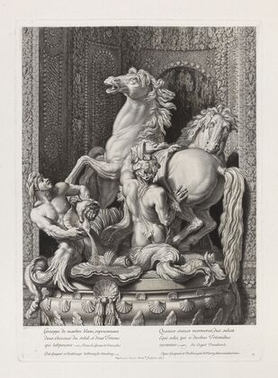 Grouppe de marbre blanc representant deux chevaux du soleil, et deux Tritons qui les pensent – dans la Grotte de Versailles (1675)