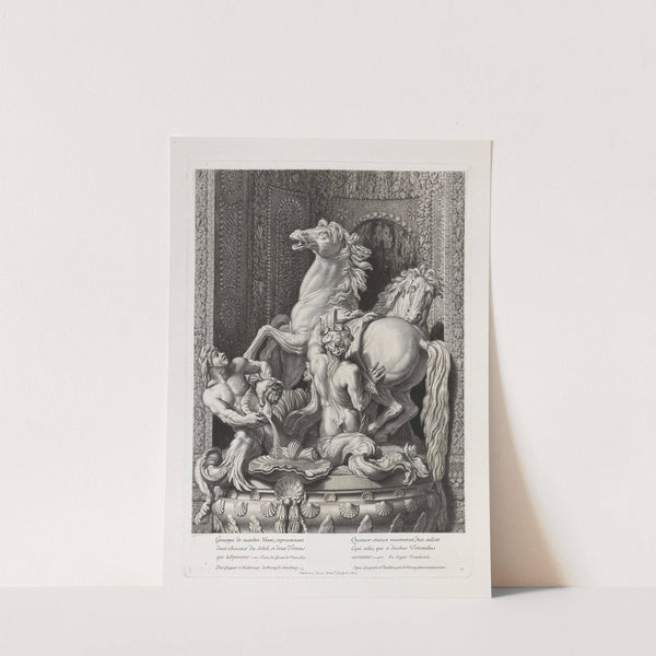 Grouppe de marbre blanc representant deux chevaux du soleil, et deux Tritons qui les pensent – dans la Grotte de Versailles (1675) by Etienne Picart
