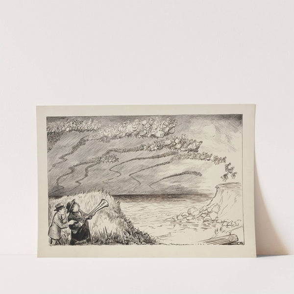 Groups of immigrants fly over the Atlantic Ocean to land on American shores (1921) by William Henry Walker