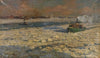 Grüner Fährdampfer im Eis auf der Elbe. ‘Wintersonne’