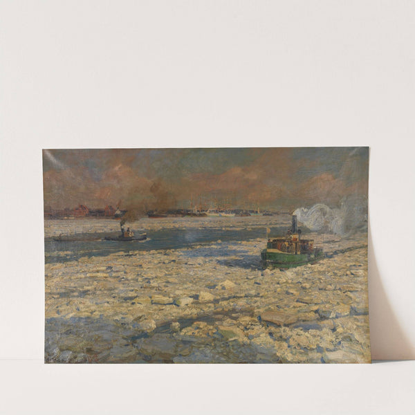 Grüner Fährdampfer im Eis auf der Elbe. 'Wintersonne' by Friedrich Kallmorgen