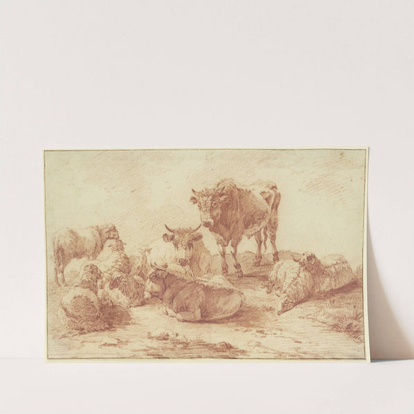 Gruppe von drei Ochsen und sechs Schafen by Willem Romeyn