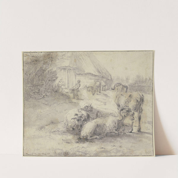 Gruppe von vier Schafen, im Hintergrund eine Hütte, dabei ein Mann, der einen Zuber trägt by Jacob van der Does