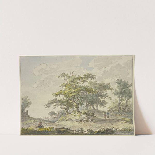 Gruppen von Eichbäumen, rechts zwei Wanderer, links eine sitzende Figur by Hermanus van Brussel