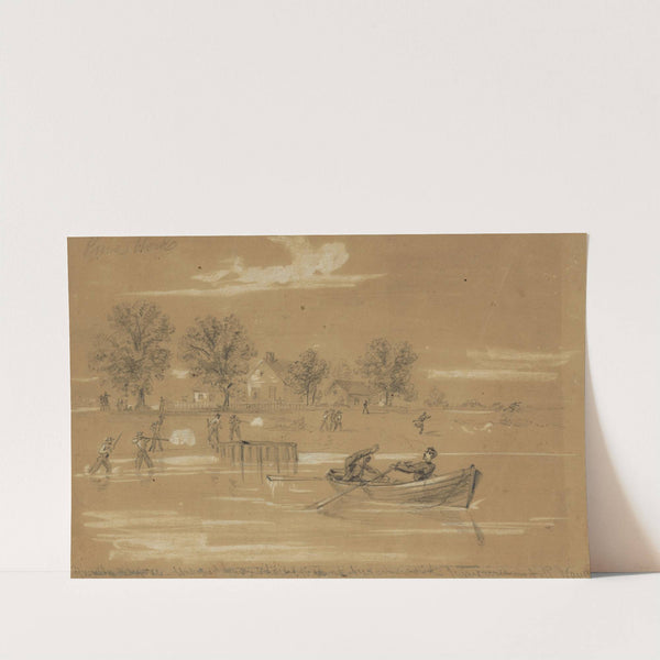 Guerilla warfare. Unarmed Union soldiers fired at by farmers on the James River by Alfred Rudolph Waud