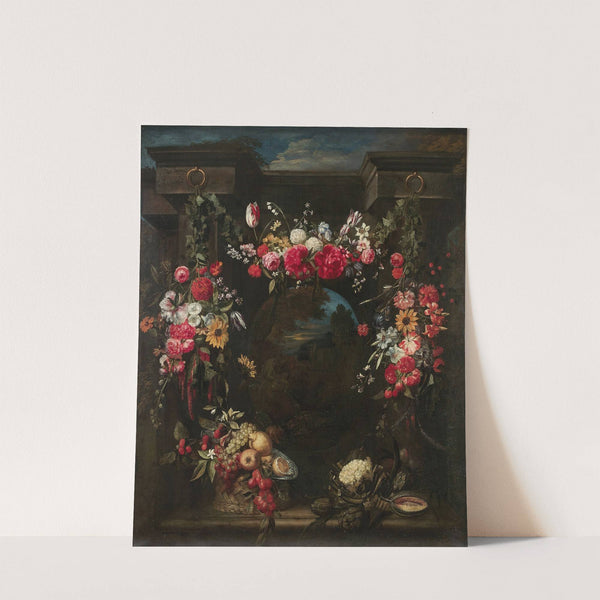 Guirlande de fleurs, fruits et légumes entourant un paysage avec un dieu fleuve by Frans Ykens