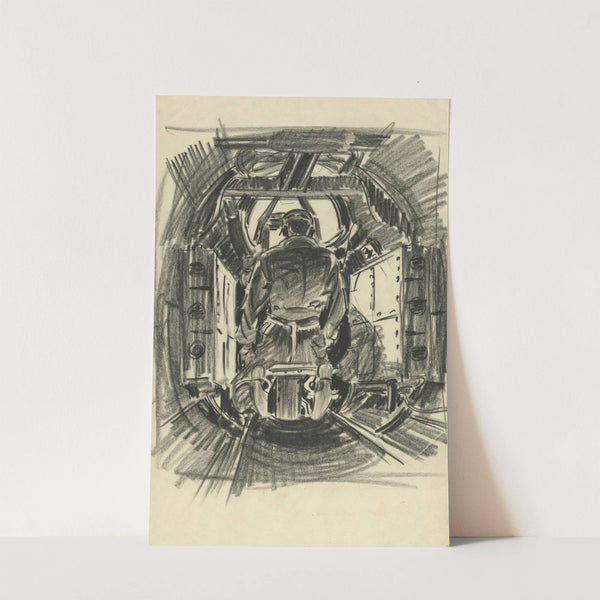 Gunner in a airplane bomber by Howard Brodie