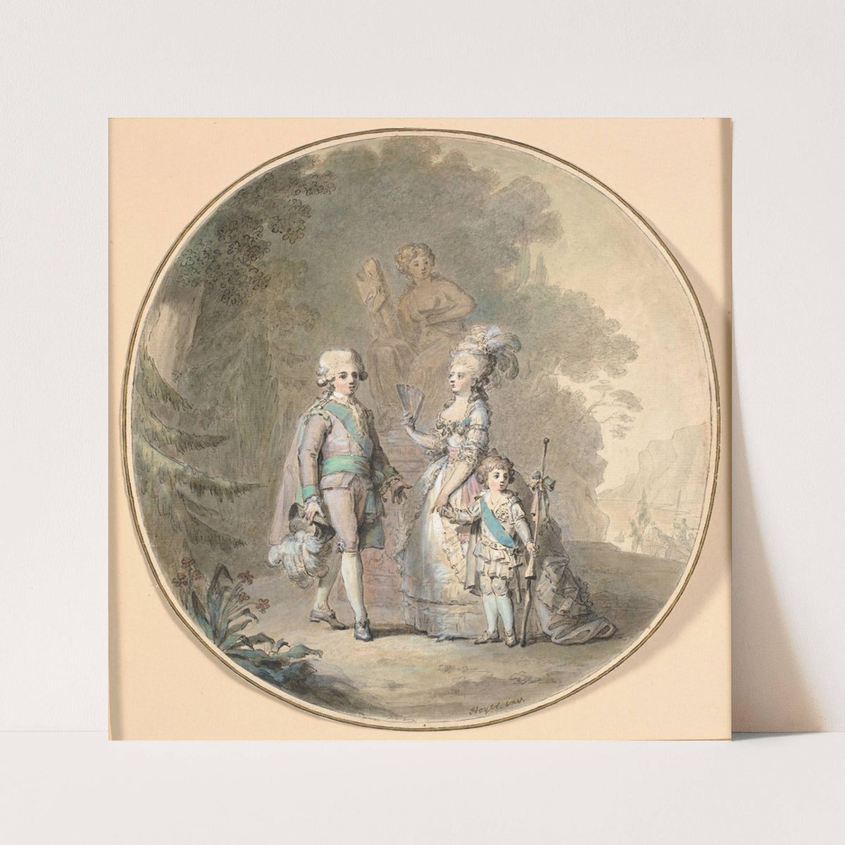 Gustav III, dronning Sophie Magdalene og kronprins Gustav Adolph spadserende i Hagaparken by Cornelius Høyer
