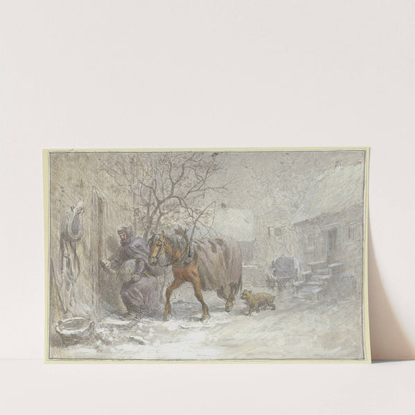 Gutshof im Winter, ein Pferd wird vom Kutscher in den Stall geführt by Heinrich Winter