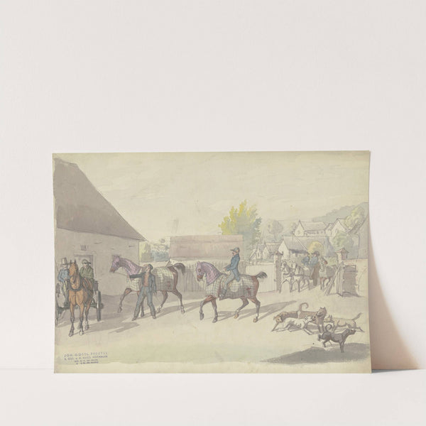 Gutshof mit Reitpferden und Fahrzeugen by Johann Erdmann Gottlieb Prestel