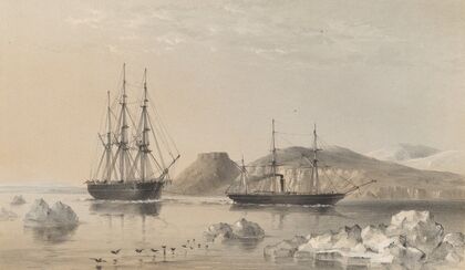 H.M.S. Assistance, in tow of the Pioneer (Captain Sherard Osborn), Passing John Barrow Mount, North of Wellington Channel, 1853 — size preview