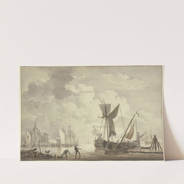 Hafen, links ein Gebäude mit großem Portal, zwei Matrosen ziehen ein Seil aus dem Wasser by Hendrik Kobell