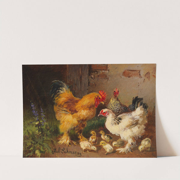 Hahn, Hühner und Küken vor dem Stall auf der Wiese by Julius Scheuerer