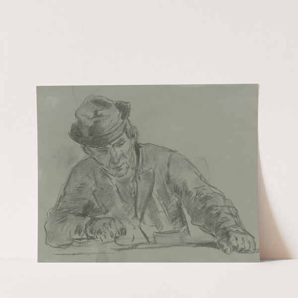 Halbfigur eines Bauern von vorne am Tisch by Anton Burger