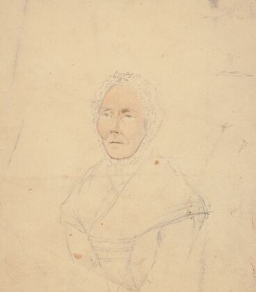 Half-length portrait of elderly woman wearing tigh-fitting bonnett