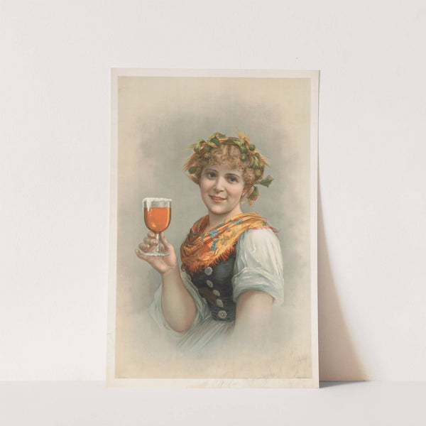 Half-length portrait of woman with a wreath of hops and barley, holding a glass of beer (1890) by Louis Prang & Co.