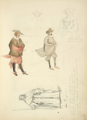 Half length study of a woman, 1400; Man in breeches, sash, pointed shoes, stockings, and hat; A monk in his habit, 1400