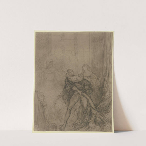 Hamlet mit seiner Mutter Gertrude und dem hinter einem Vorhang getöteten Polonius, im Hintergrund der Geist des Vaters, seine Forderung nach Rache erneuernd by Victor Müller