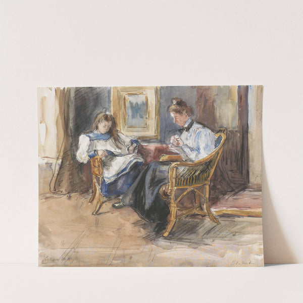 Handwerkende dame en lezend meisje in rieten stoelen gezeten, in het huis aan de Riouwstraat 6, te Den Haag by Barbara Elisabeth van Houten