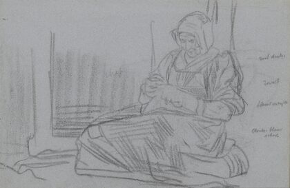 Handwerkende vrouw bij een raam