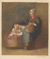 Handwerkende vrouw naast een kind een wieg