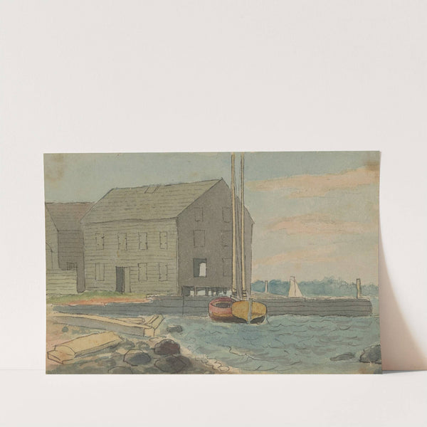 Harbor scene with small sailboat and gray building by Alexander Anderson