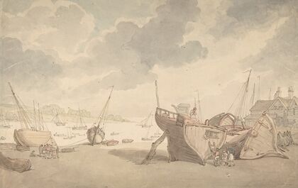 Harbor scene with the tide out, and beached boats