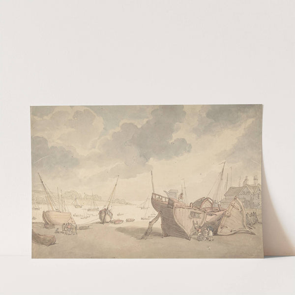Harbor scene with the tide out, and beached boats by Thomas Rowlandson