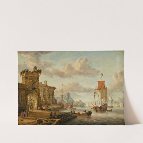 Harbour scene with ancient ruins by Abraham Storck