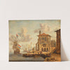 Harbour scene with medieval building by Abraham Storck
