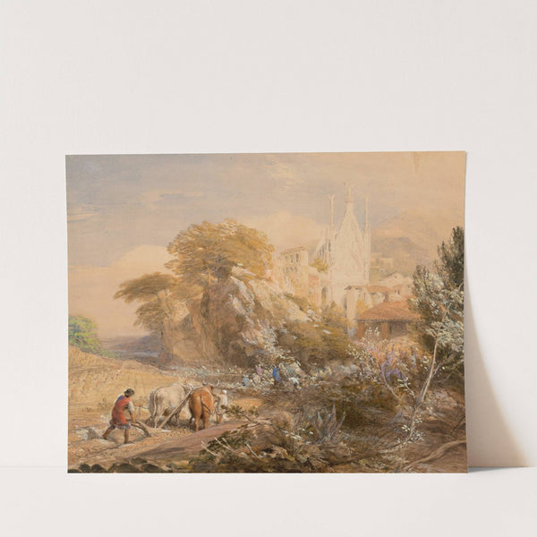 Harvest field and the monastery of La Vocatella, near Corpo di Cava by Samuel Palmer