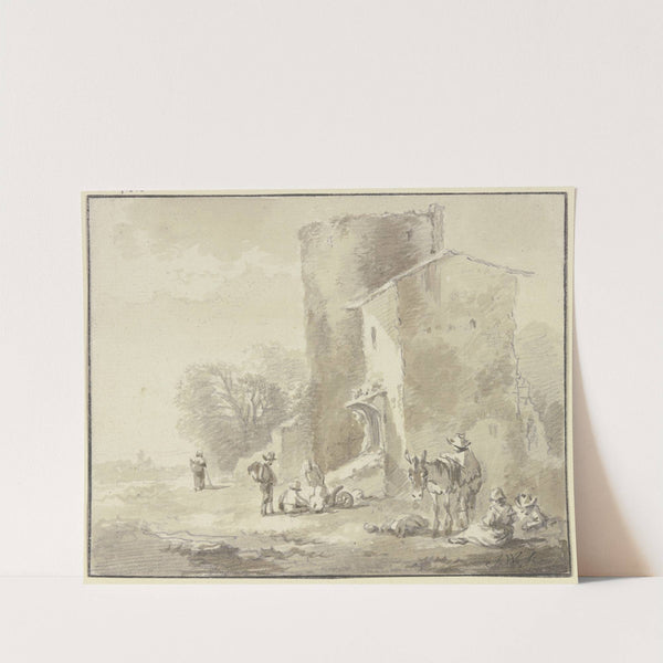 Haus an einem verfallenen Turm und Gruppen von rastenden Figuren by Johann Georg Wagner