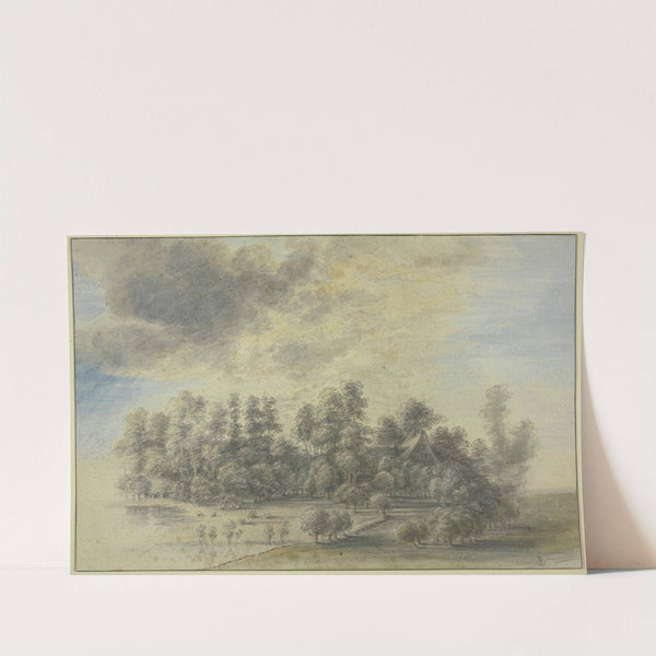 Haus, in einer Baumgruppe stehend, links bei einem Wasser weidet einiges Vieh by Lucas van Uden