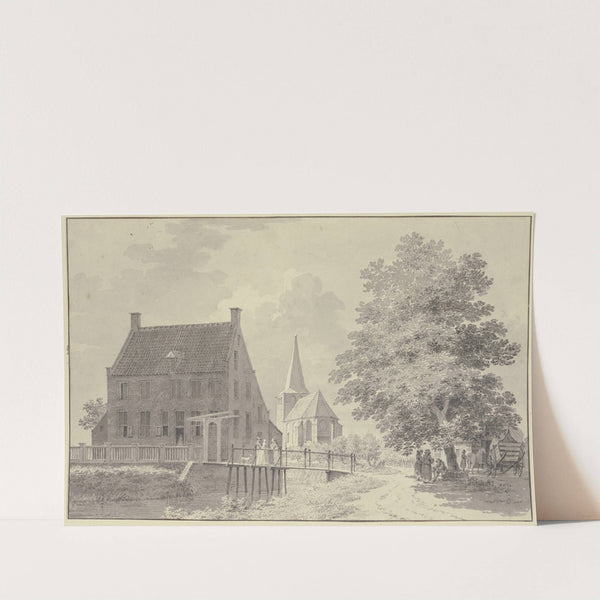 Haus mit Wassergraben und Steg, hinten die Kirche, rechts ein Baum, unter welchem ein Wagen und mehrere Figuren stehen by Cornelis Pronk