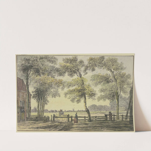 Haus unter Bäumen, am Tor eine Frau, außerhalb des umzäumten Grundstücks ein sich entfernender Wagen by Hendrik Spilman