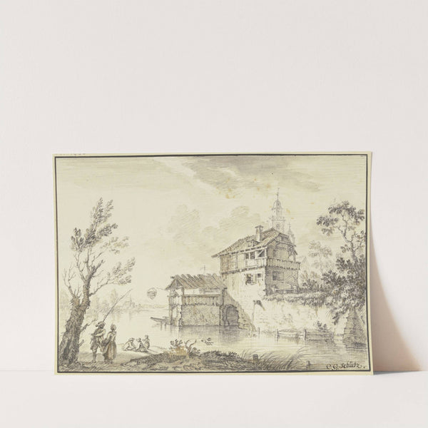 Häuser an einem Wasser, von einem Vorbau aus fischt ein Mann mit einem Netz, links an einem Baum ein Angler mit seiner Frau by Christian Georg Schütz the elder